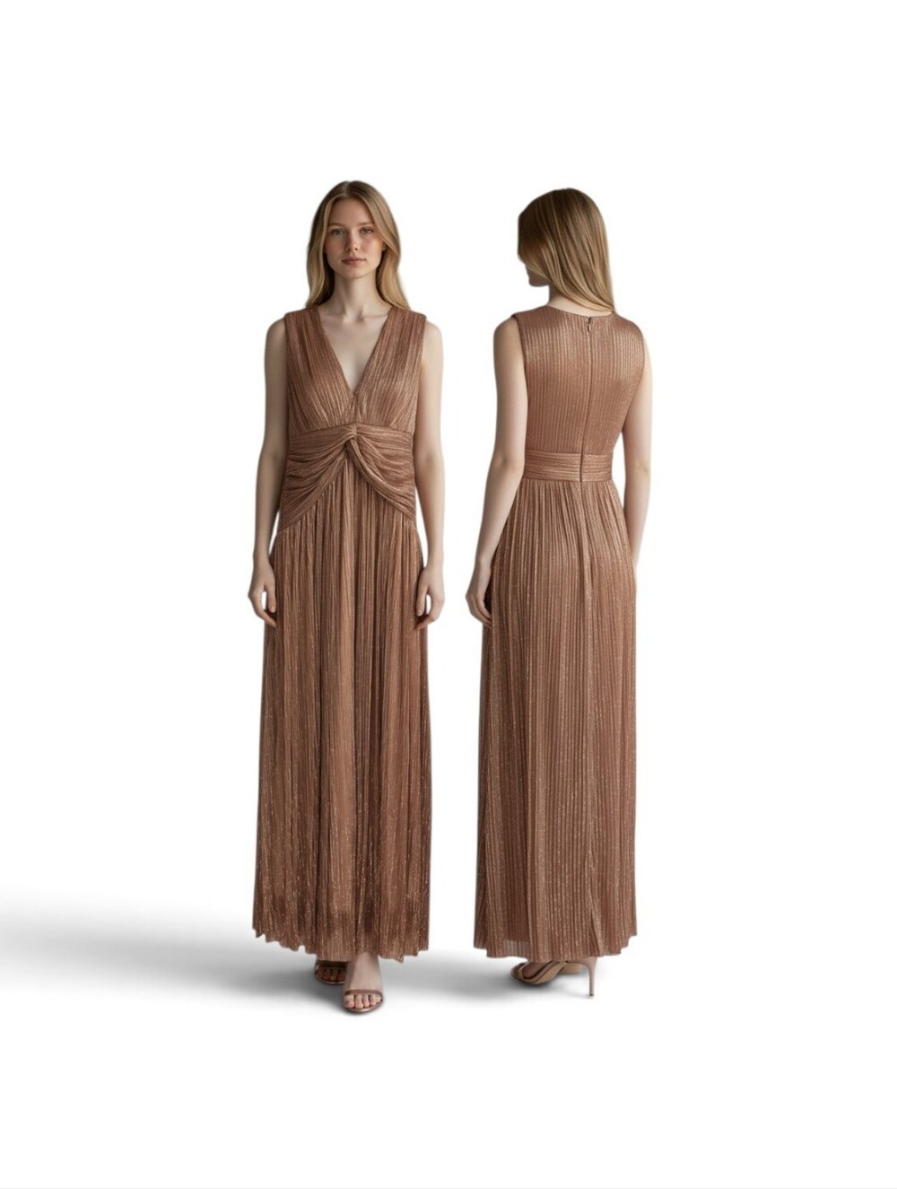 Petal + Pup Beige Pleated Maxi Dress V-Neck Sleeveless Ruched Lined XS